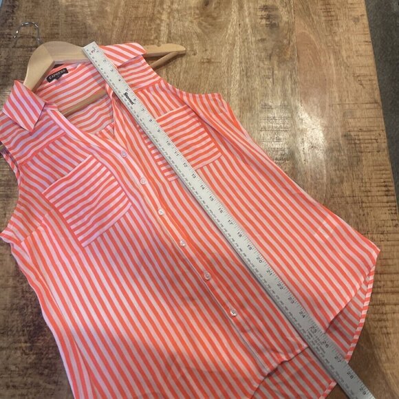 Express Shirt Women S Small Button Up Collared Sleeveless Pockets Orange Striped - Picture 8 of 10